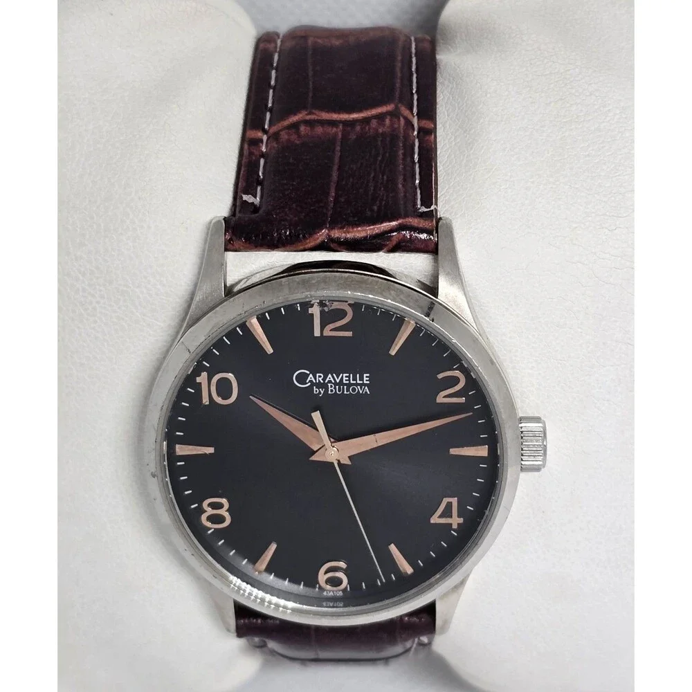 Men's Caravelle New York by Bulova Black Dial Brown Leather Strap Watch 13